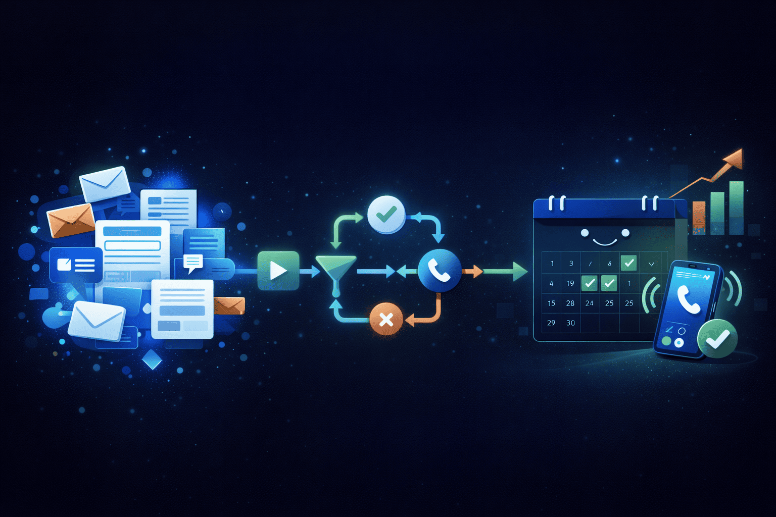 Dark-mode illustration of raw leads flowing through an automated system into booked sales calls on a calendar