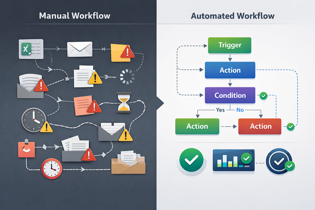 Manual vs automated workflow comparison diagram showing human handoffs, delays, and errors versus an automated workflow with triggers, actions, and monitoring checkpoints