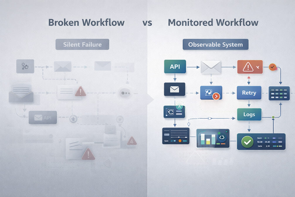 Workflow automation diagram comparing silent failures with no alerts versus monitored workflows with error handling, retries, and human notifications