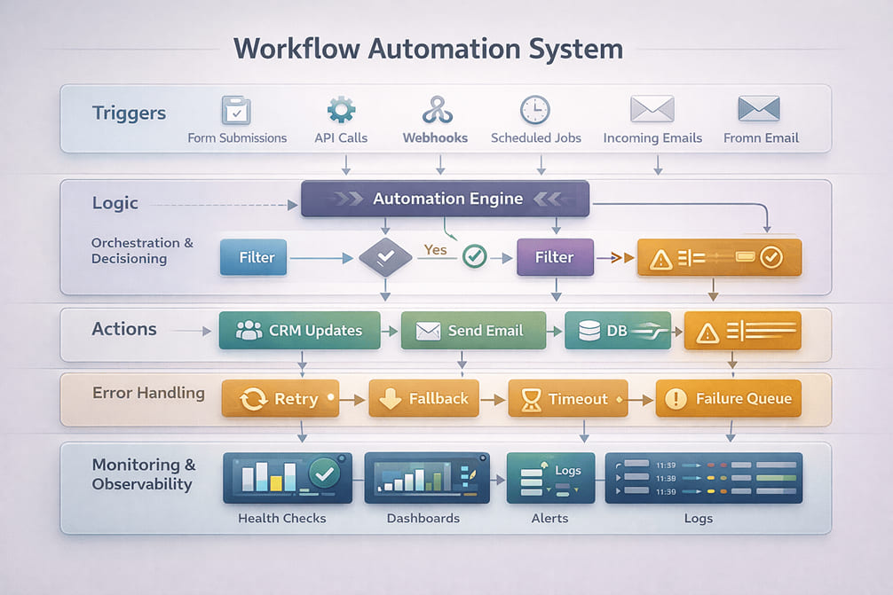 Workflow automation system architecture showing triggers, business logic, actions, error handling, and monitoring layers