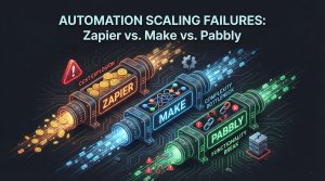 Zapier vs Make vs Pabbly automation tools compared at scale, showing cost, complexity, and functionality failures in enterprise automation systems