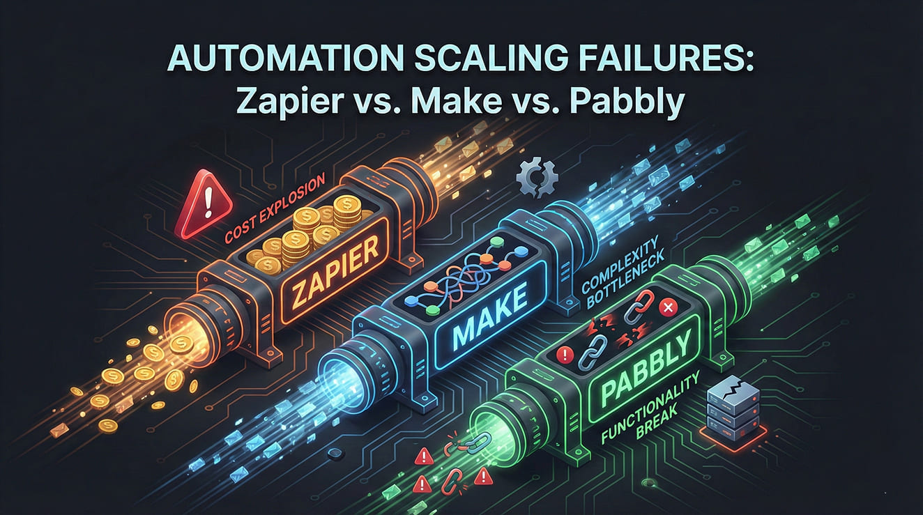 Zapier vs Make vs Pabbly automation tools compared at scale, showing cost, complexity, and functionality failures in enterprise automation systems