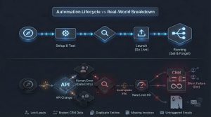 Automation lifecycle diagram showing stages from process mapping to monitoring and common real-world failure points.
