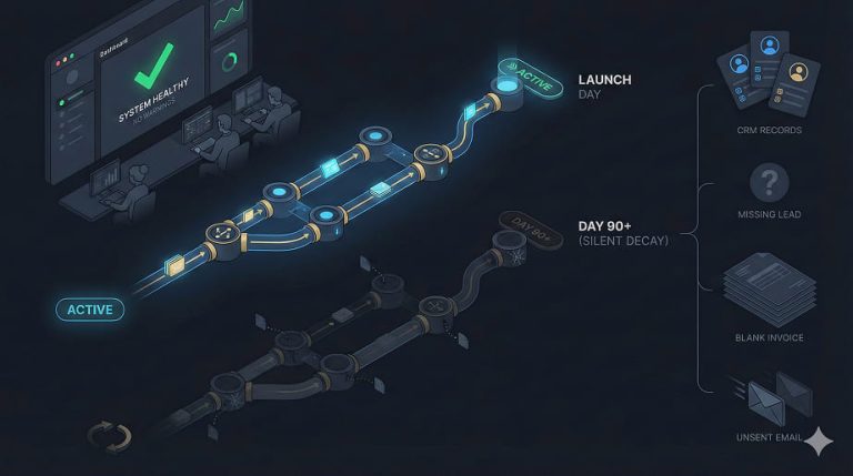 Illustration showing an automated workflow running in the background while hidden errors accumulate unnoticed after deployment.
