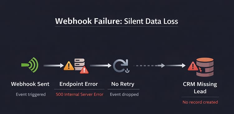 Diagram showing webhook failure where a missed delivery breaks downstream automated workflow steps.