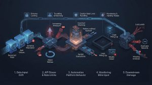 Illustration showing automation failure chain where a small upstream error cascades through multiple connected workflow steps.
