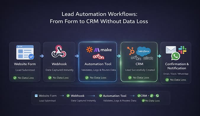 Illustration showing a complete lead automation workflow from form submission to CRM with validation and monitoring.
