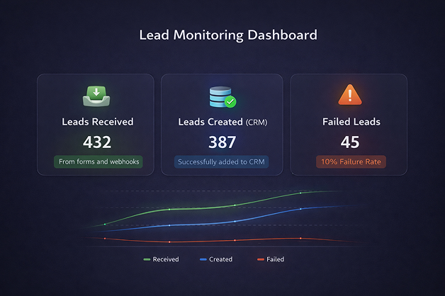 Dashboard illustration showing leads received, leads created in CRM, and failed lead deliveries.