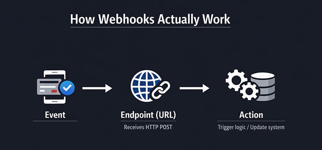 Diagram showing webhook flow from event trigger to endpoint delivery and automated action execution.