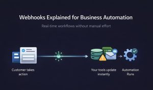 Illustration showing webhooks automatically sending real-time business data between apps without manual syncing.