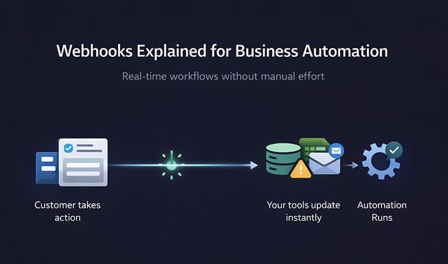Illustration showing webhooks automatically sending real-time business data between apps without manual syncing.