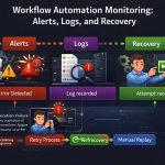 Illustration showing workflow automation monitoring with execution logs, failure alerts, and recovery actions.