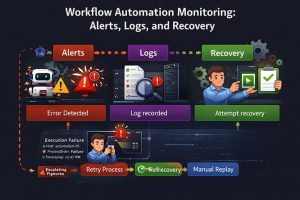 Illustration showing workflow automation monitoring with execution logs, failure alerts, and recovery actions.