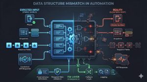 Diagram showing data structure mismatch where automation expects structured fields but receives incomplete or differently formatted data.