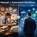 Manual vs automated workflows cost comparison showing time, error rate, and operational expenses