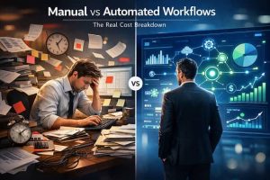 Manual vs automated workflows cost comparison showing time, error rate, and operational expenses